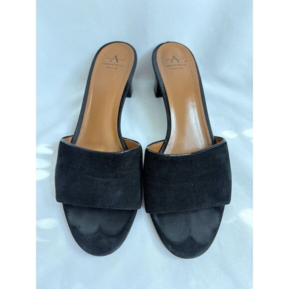 Aquatalia Nadeen Black Suede Block Kitten Heel Mules 9 Vero Cuoio Classy Italian - Picture 4 of 5